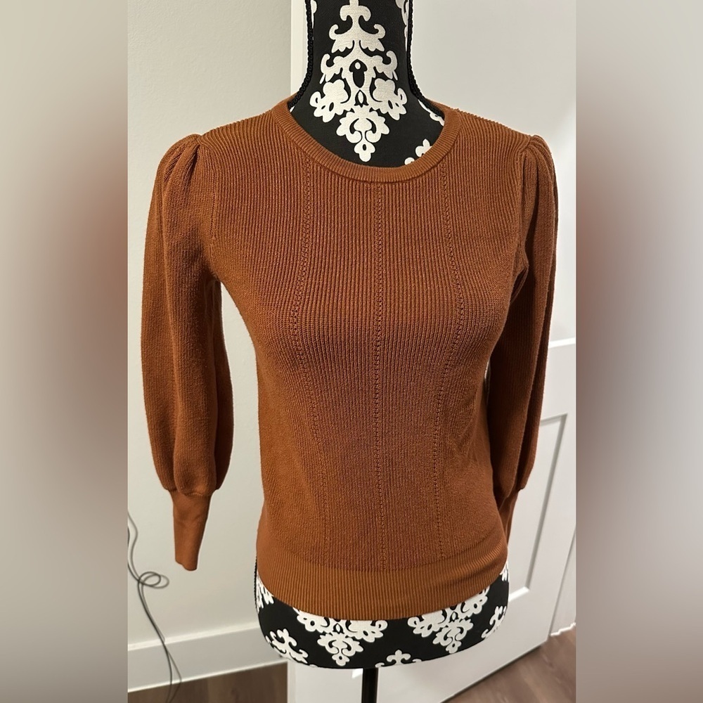 Philosophy Brown Ribbed Puff Shoulder Crew Neck Sweater